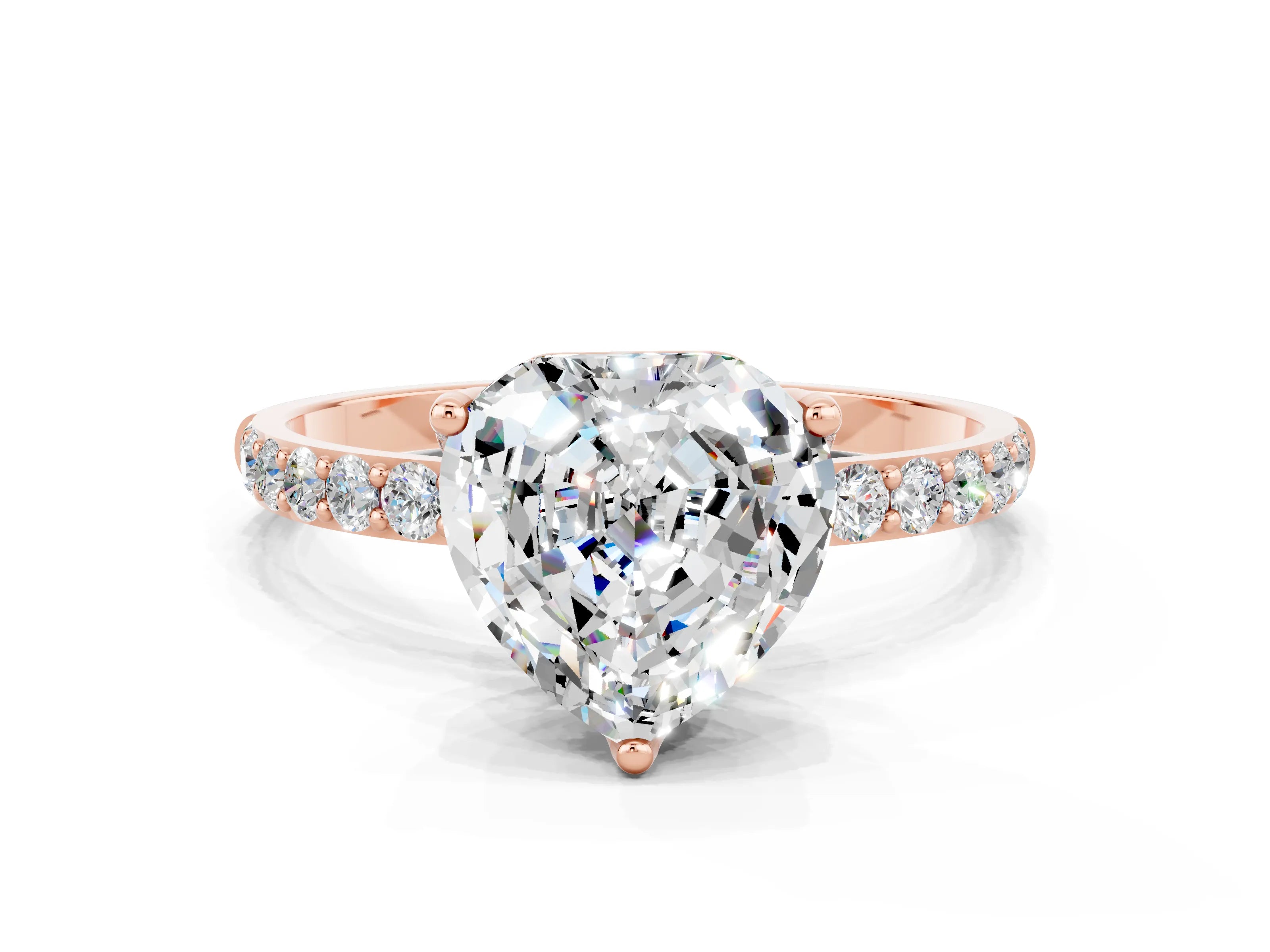 Rose gold Heart Cut Moissanite Solitaire Engagement Ring with Pavé Band and Prong Setting