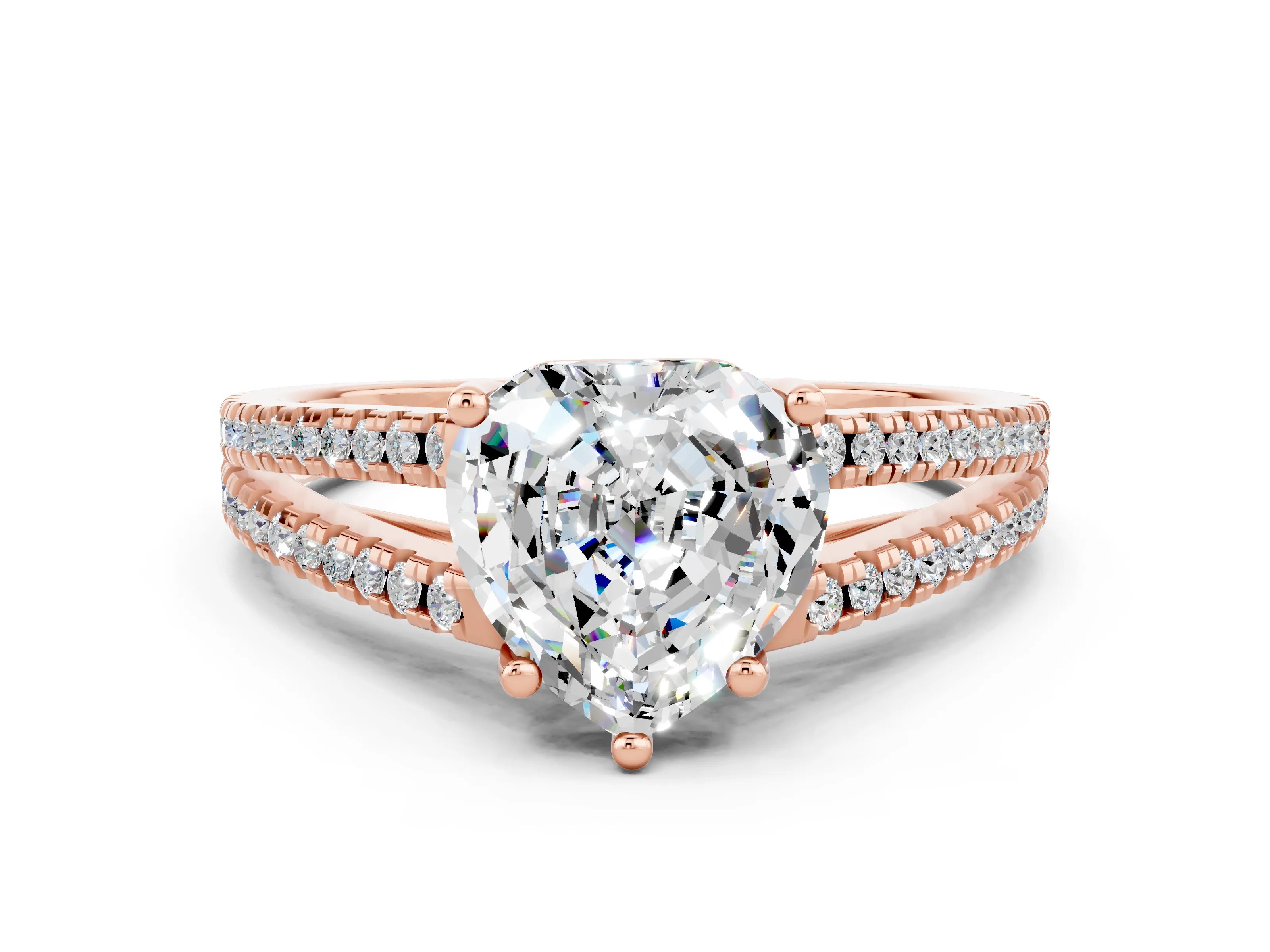 Rose gold Heart Cut Moissanite Solitaire Engagement Ring with Split Shank Pavé Band