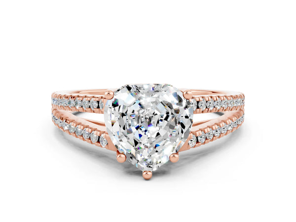 Rose gold Heart Cut Moissanite Solitaire Engagement Ring with Split Shank Pavé Band