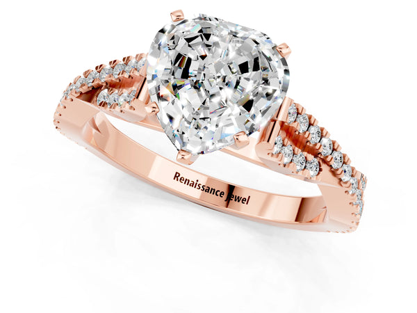 Rose gold Heart Cut Moissanite Solitaire Engagement Ring with Twisted Pavé Band and Four-Prong Setting