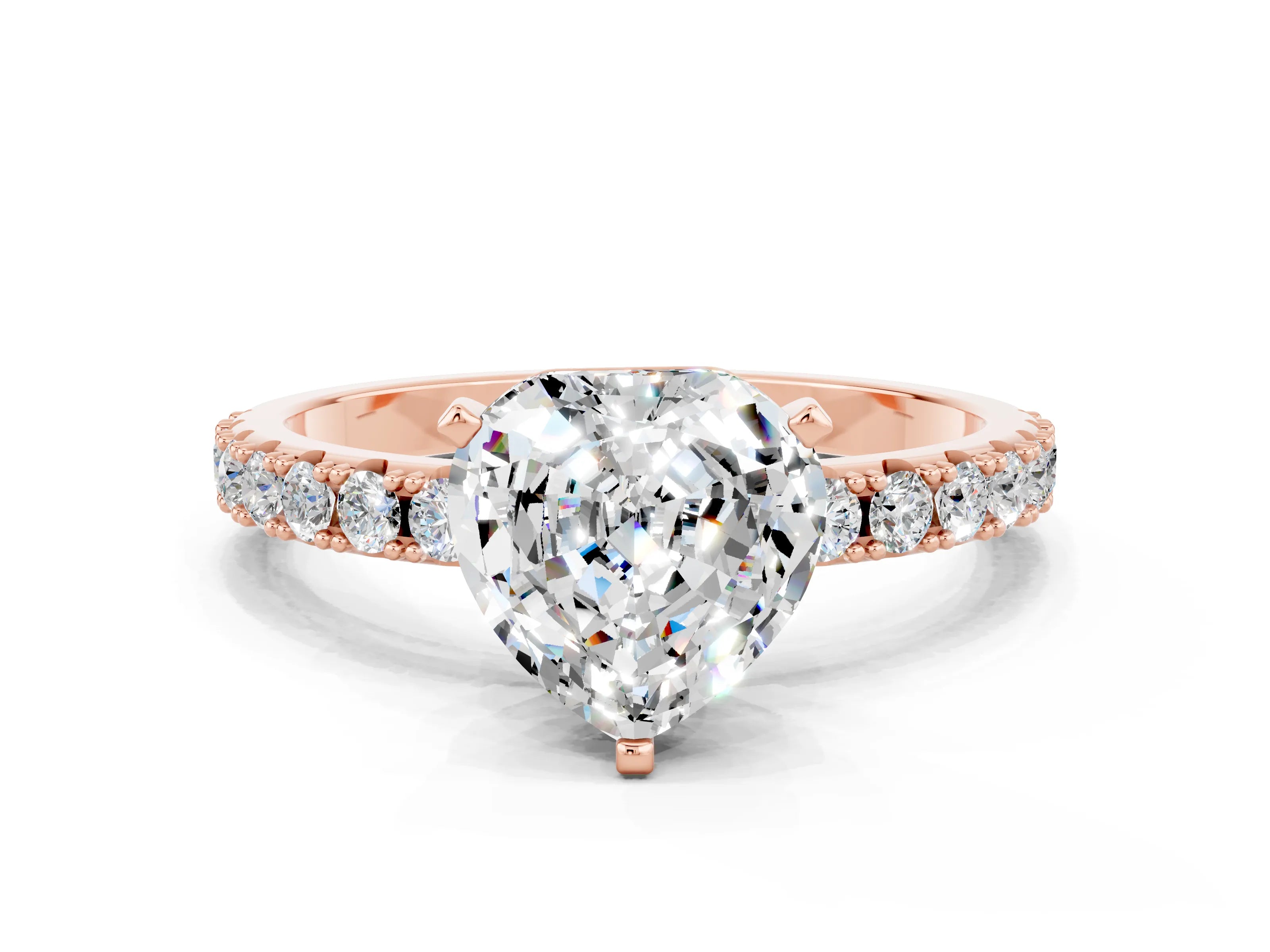 Rose gold Heart Cut Moissanite Solitaire Pavé Band with Four-Prong Setting
