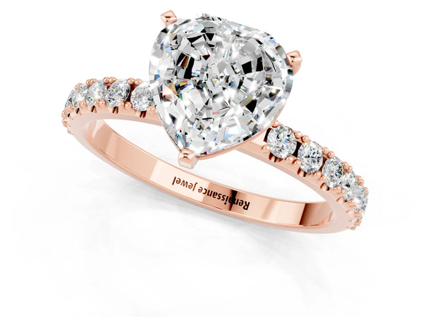 Rose gold Heart Cut Moissanite Solitaire Pavé Band with Four-Prong Setting