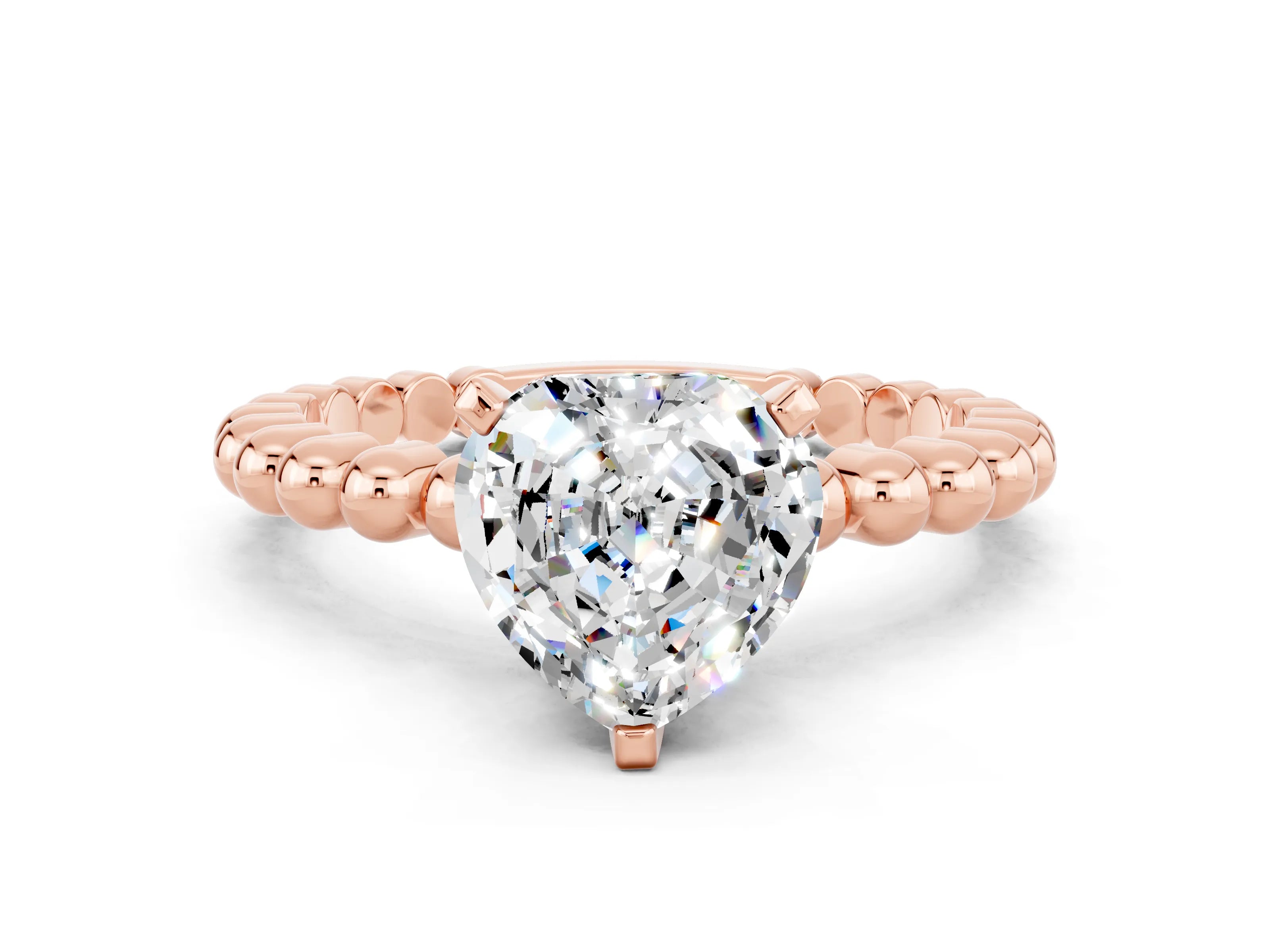 Rose gold Heart Cut Moissanite Solitaire Ring with Beaded Band and Prong Setting