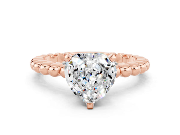 Rose gold Heart Cut Moissanite Solitaire Ring with Beaded Band and Prong Setting