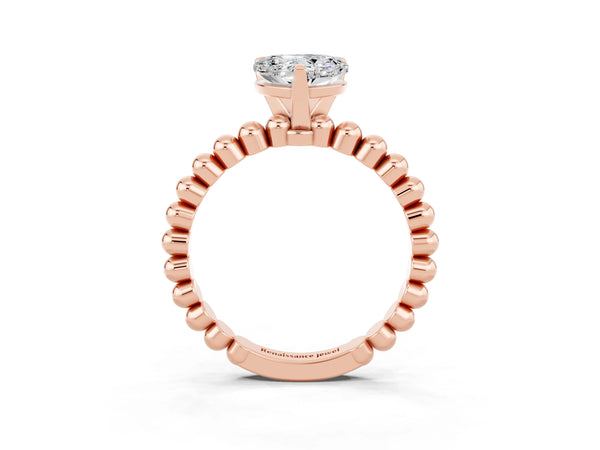 Rose gold Heart Cut Moissanite Solitaire Ring with Beaded Band and Prong Setting