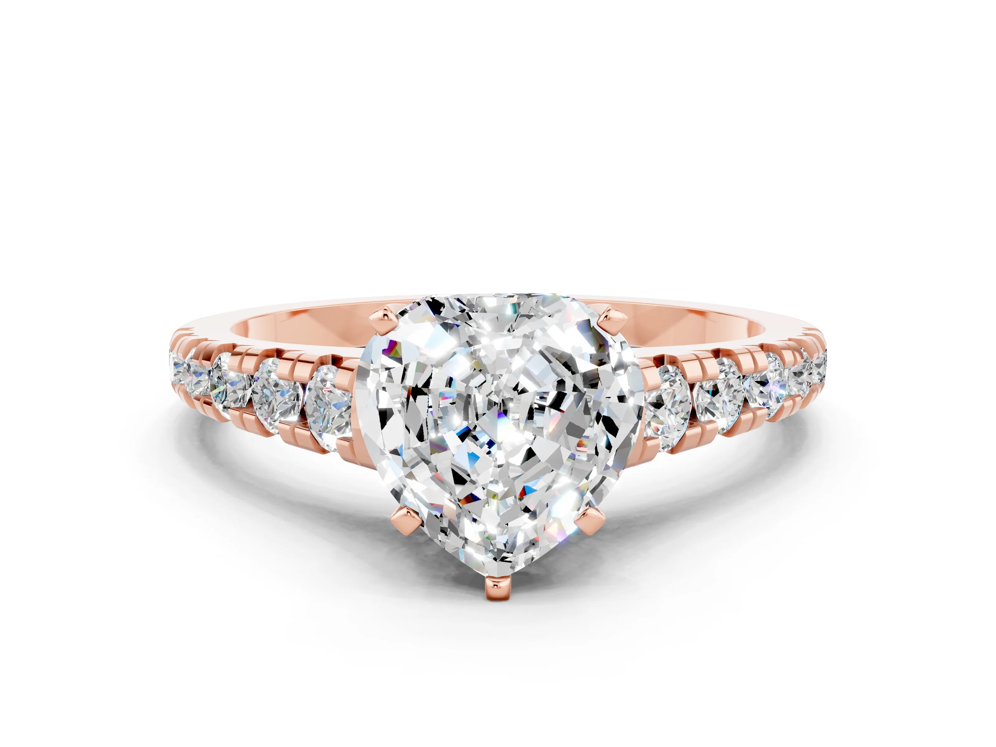 Rose gold Heart Cut Moissanite Solitaire Ring with Cathedral Setting and Pavé Band