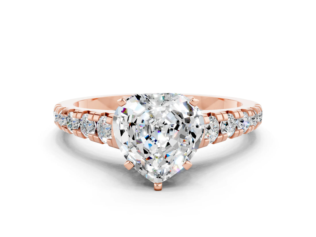 Rose gold Heart Cut Moissanite Solitaire Ring with Cathedral Setting and Pavé Band