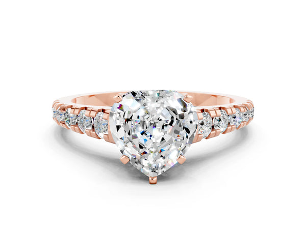 Rose gold Heart Cut Moissanite Cathedral Solitaire Ring with Round  Pavé Band
