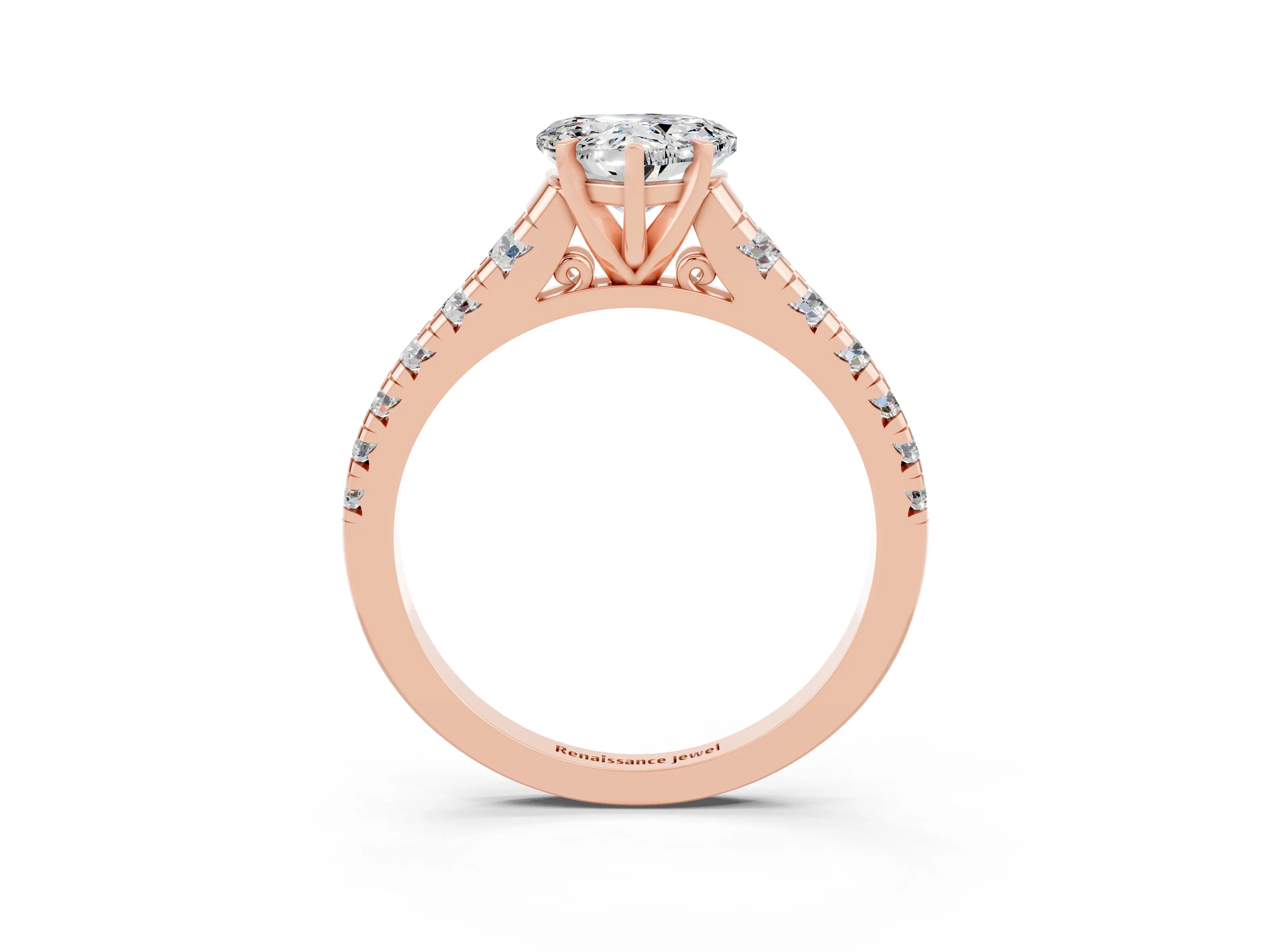 Rose gold Heart Cut Moissanite Solitaire Ring with Cathedral Setting and Pavé Band_3