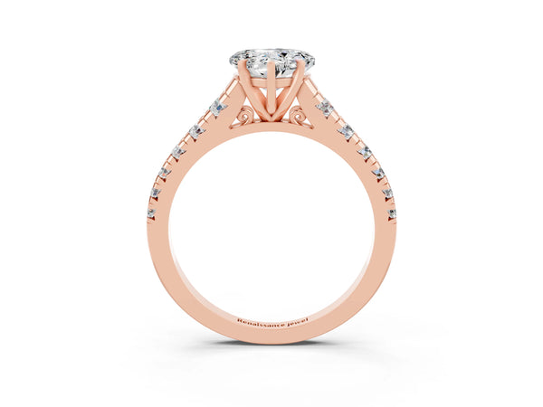 Rose gold Heart Cut Moissanite Cathedral Solitaire Ring with Round  Pavé Band
