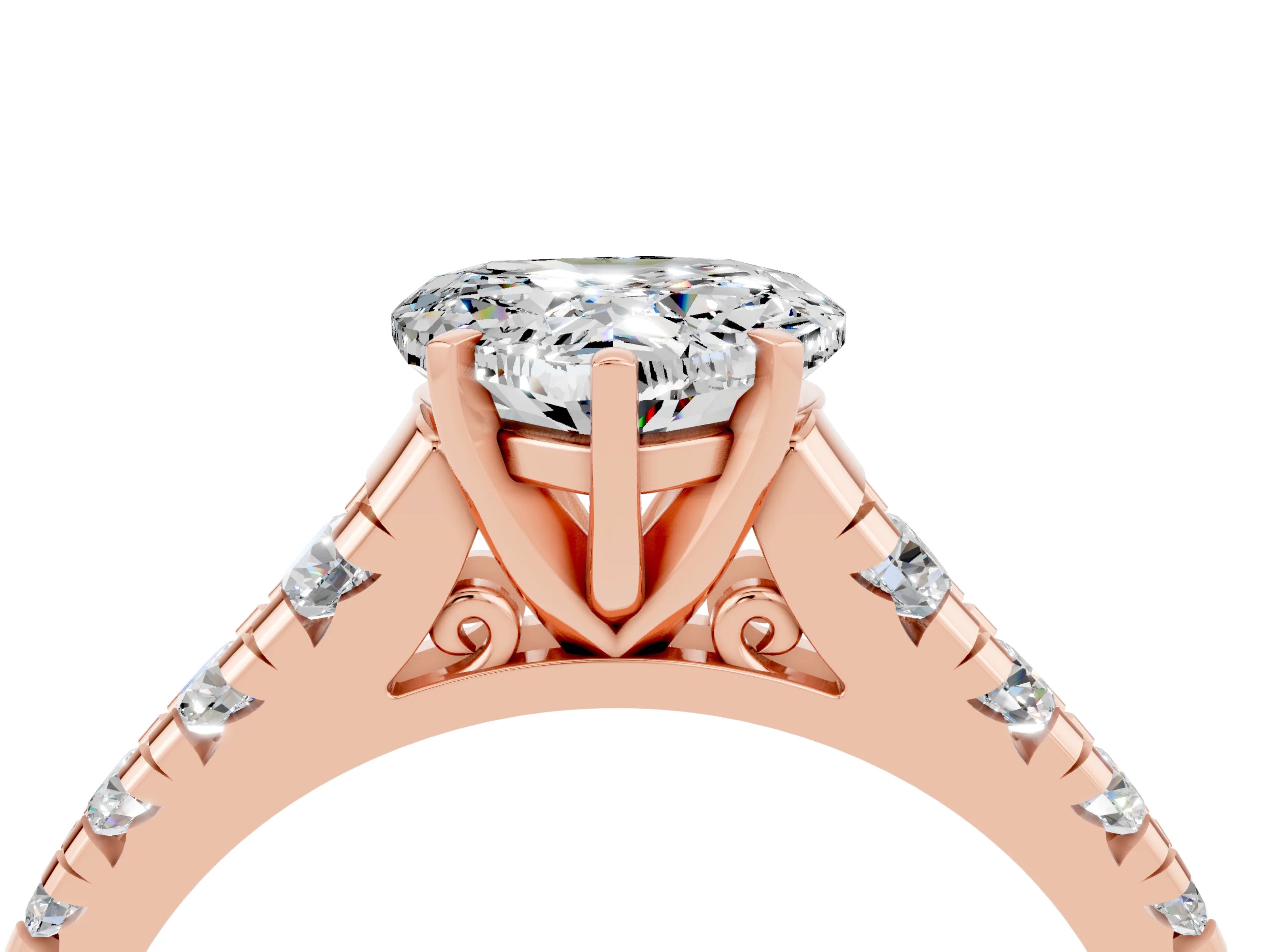 Rose gold Heart Cut Moissanite Solitaire Ring with Cathedral Setting and Pavé Band_4