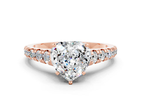 Rose gold Heart Cut Moissanite Solitaire Ring with Cathedral Setting and Pavé Band