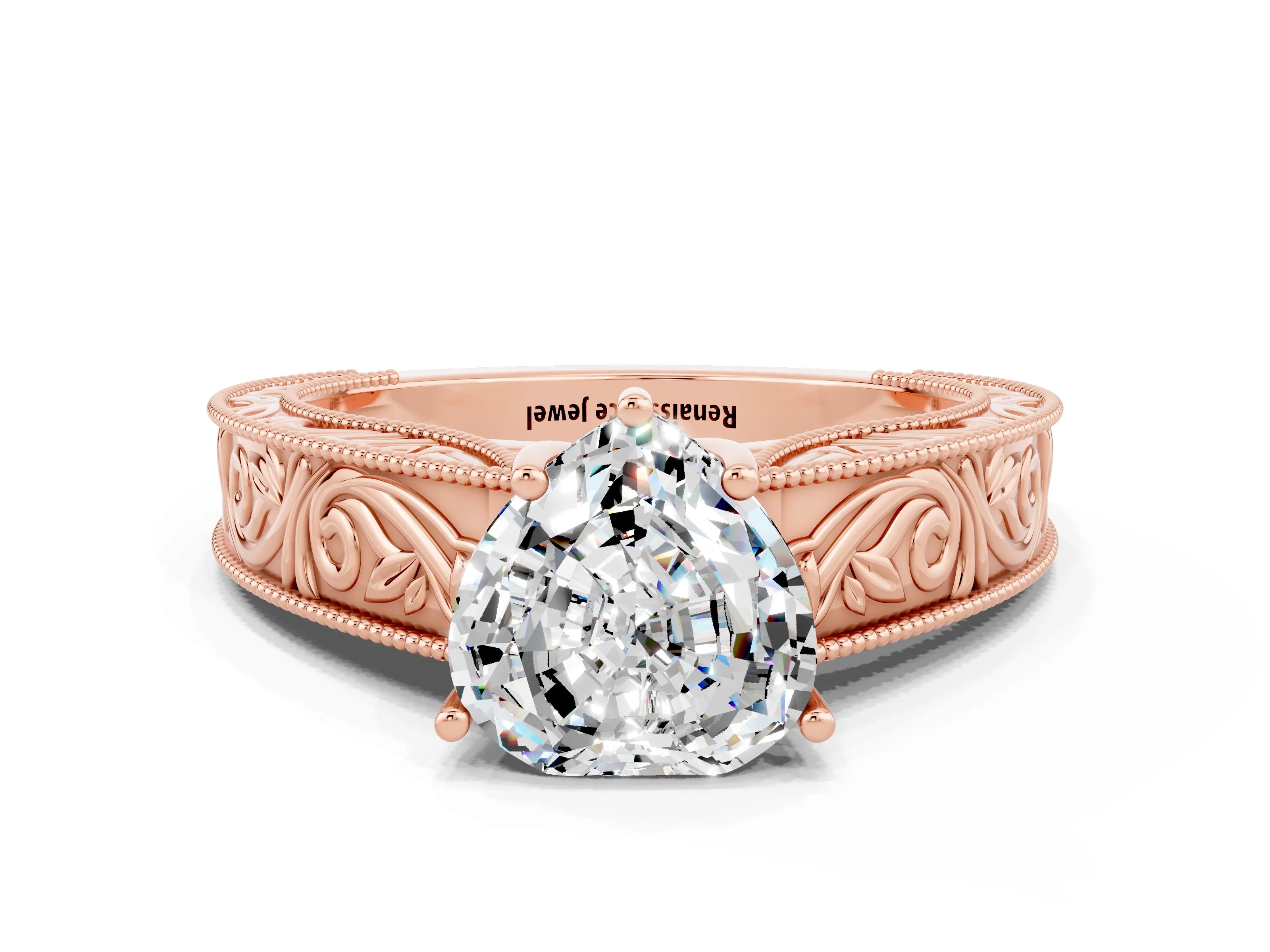 Rose gold Heart Cut Moissanite Solitaire Ring with Engraved Band and Four-Prong Setting