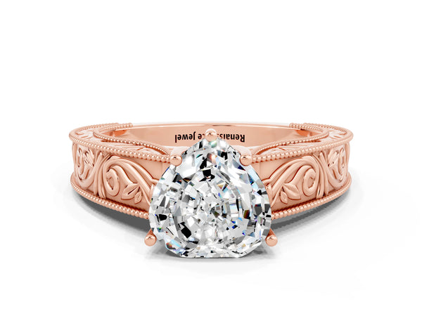 Rose gold Heart Cut Moissanite Solitaire Ring with Engraved Band and Four-Prong Setting