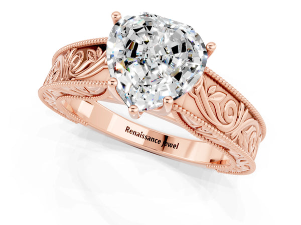Rose gold Heart Cut Moissanite Solitaire Ring with Engraved Band and Four-Prong Setting