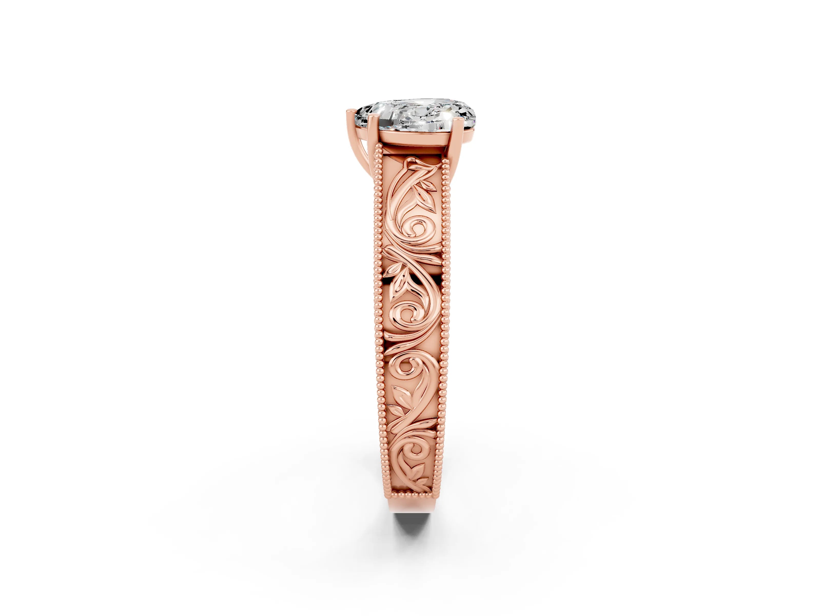 Rose gold Heart Cut Moissanite Solitaire Ring with Engraved Band and Four-Prong Setting_2