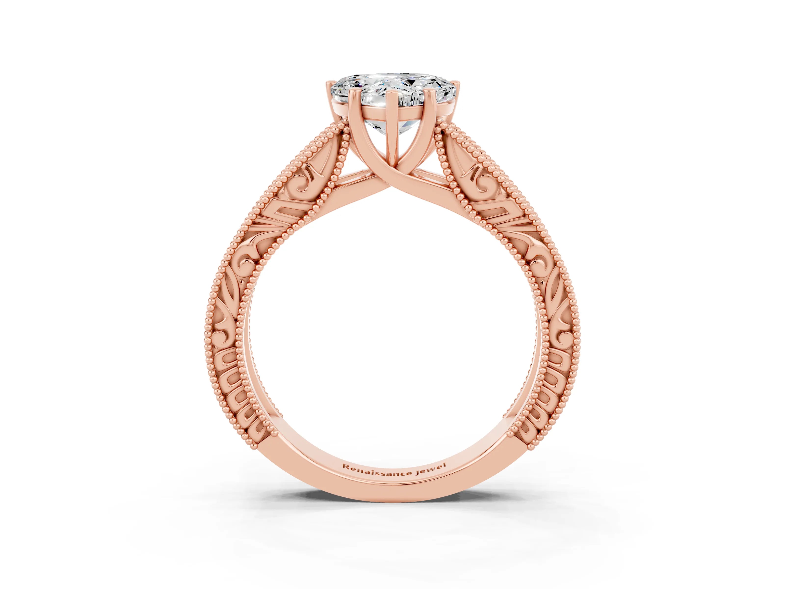 Rose gold Heart Cut Moissanite Solitaire Ring with Engraved Band and Four-Prong Setting_3