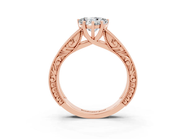 Rose gold Heart Cut Moissanite Solitaire Ring with Engraved Band and Four-Prong Setting