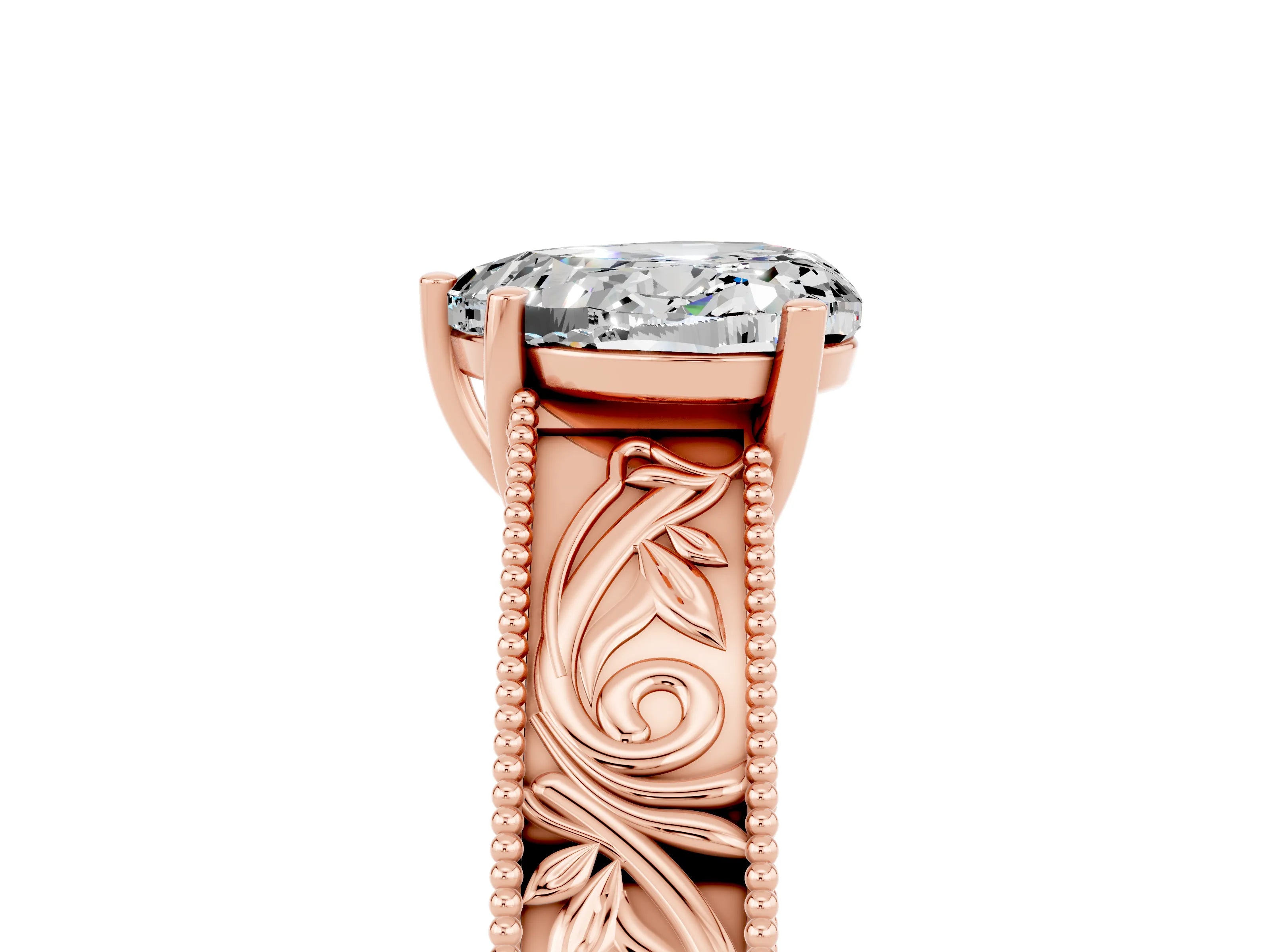 Rose gold Heart Cut Moissanite Solitaire Ring with Engraved Band and Four-Prong Setting_5