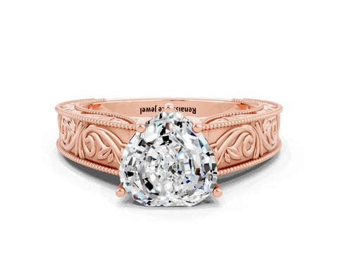 Rose gold Heart Cut Moissanite Solitaire Ring with Engraved Band and Four-Prong Setting