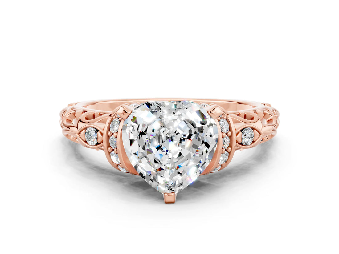 Rose gold Heart Cut Moissanite Solitaire Ring with Filigree Band and Four-Prong Setting_24