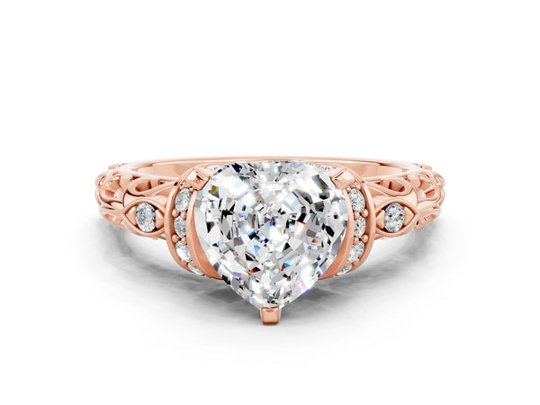 Rose gold Heart Cut Moissanite Solitaire Ring with Filigree Band and Four-Prong Setting