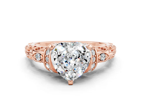 Rose gold Heart Cut Moissanite Solitaire Ring with Filigree Band and Four-Prong Setting_24