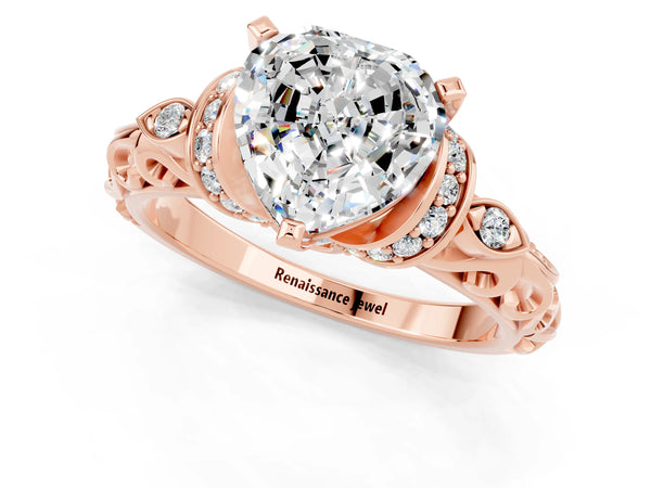 Rose gold Heart Cut Moissanite Solitaire Ring with Filigree Band and Four-Prong Setting