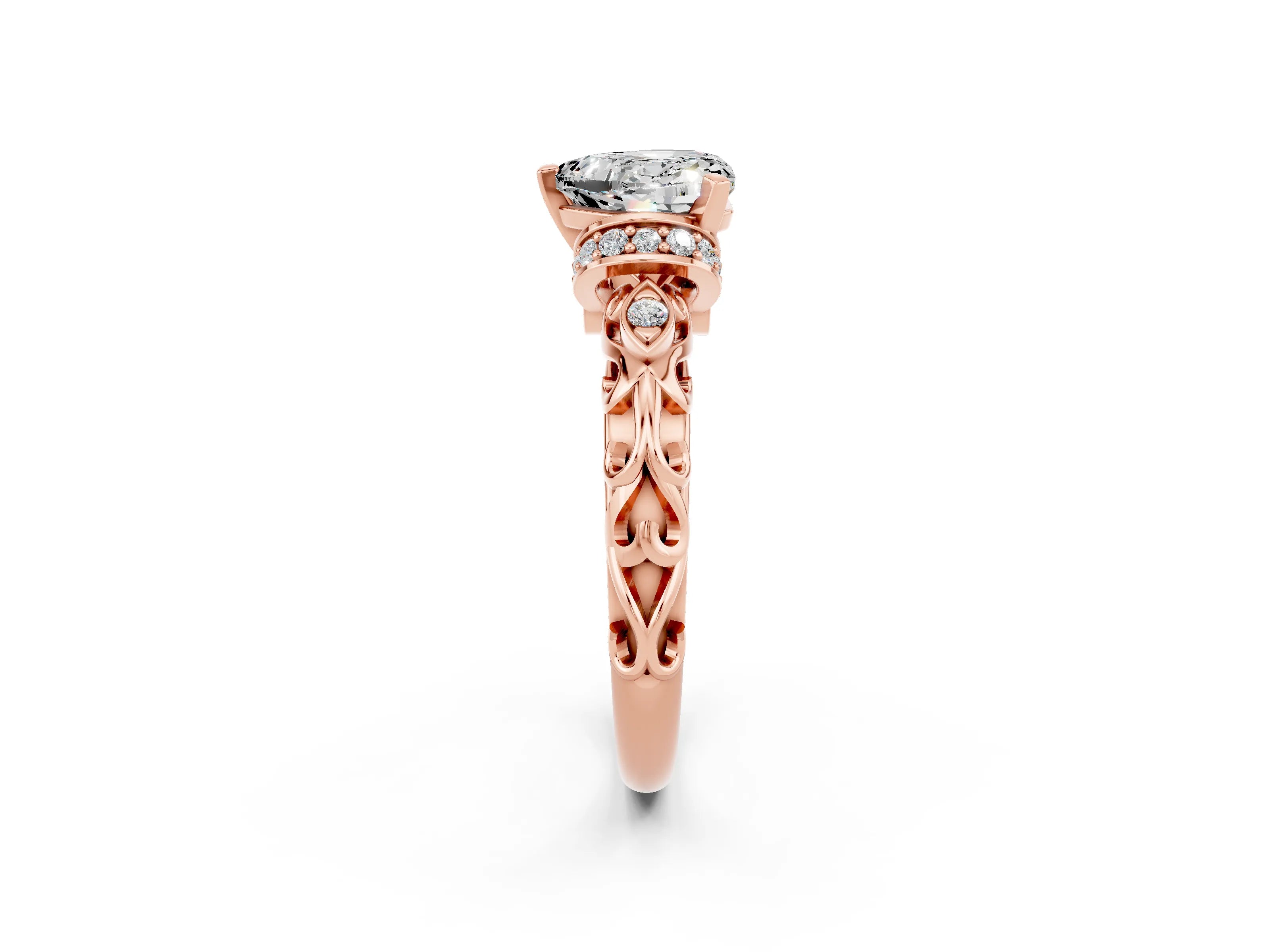 Rose gold Heart Cut Moissanite Solitaire Ring with Filigree Band and Four-Prong Setting_26