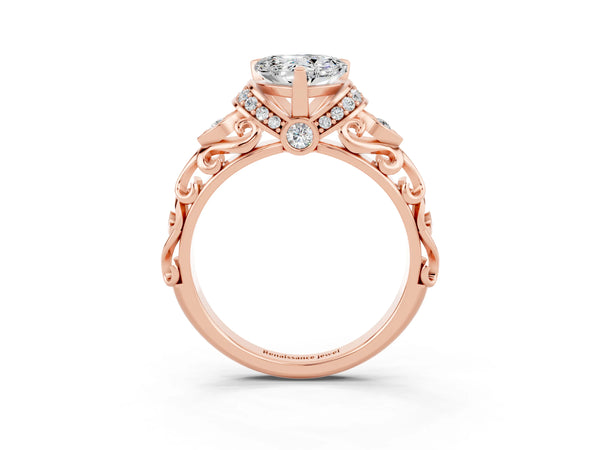 Rose gold Heart Cut Moissanite Solitaire Ring with Filigree Band and Four-Prong Setting