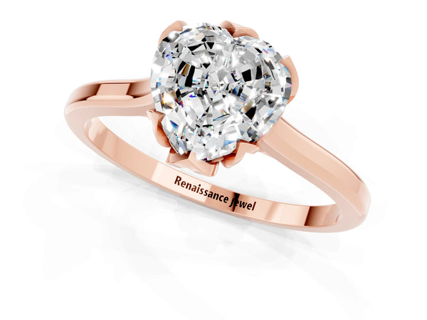 Rose gold Heart Cut Moissanite Solitaire Ring with Flower Prong Setting and Classic Band