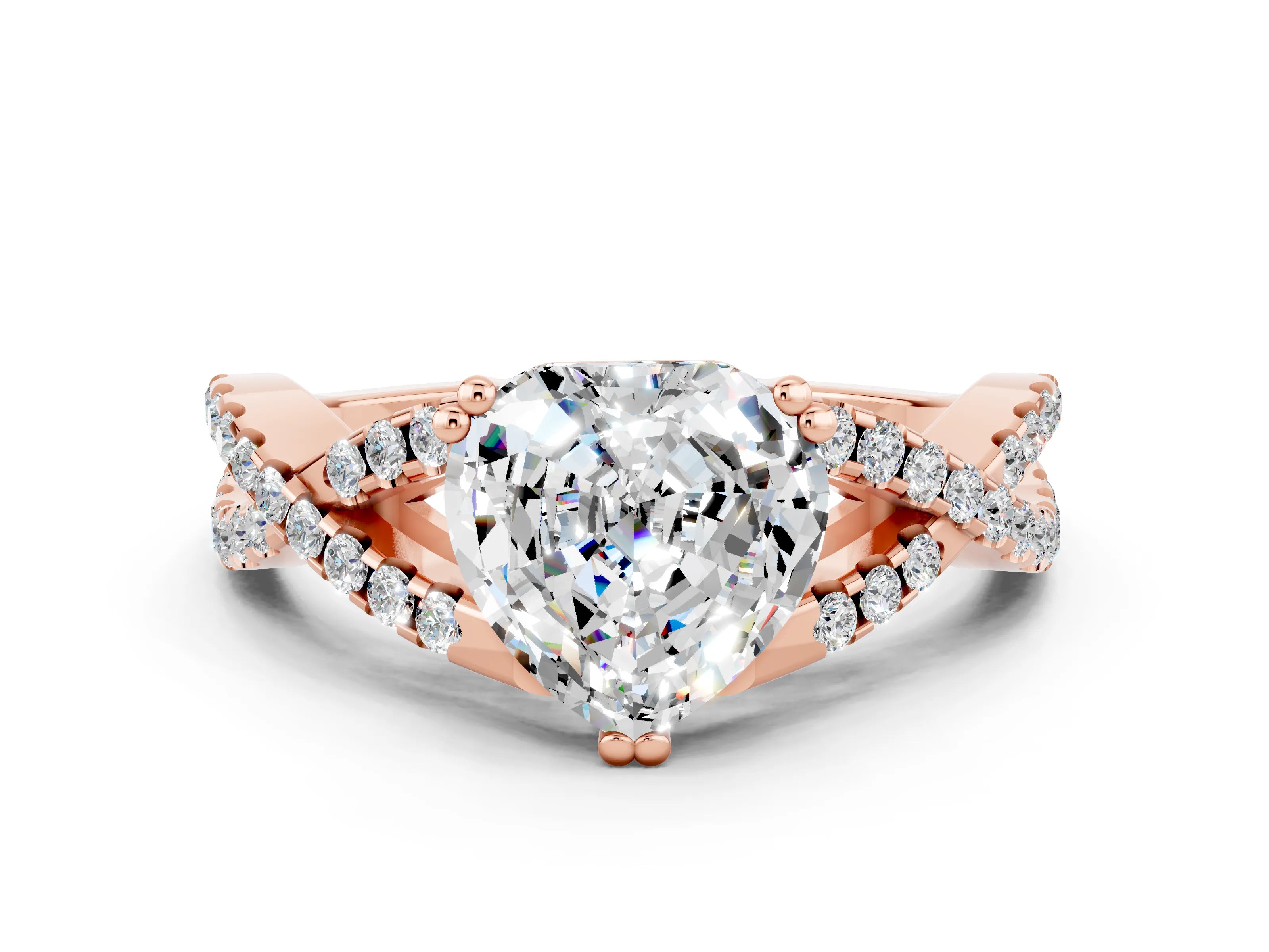 Rose gold Heart Cut Moissanite Solitaire Ring with Four-Prong Setting and Twisted Pavé Band