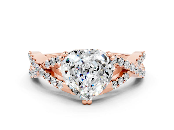 Rose gold Heart Cut Moissanite Solitaire Ring with Four-Prong Setting and Twisted Pavé Band