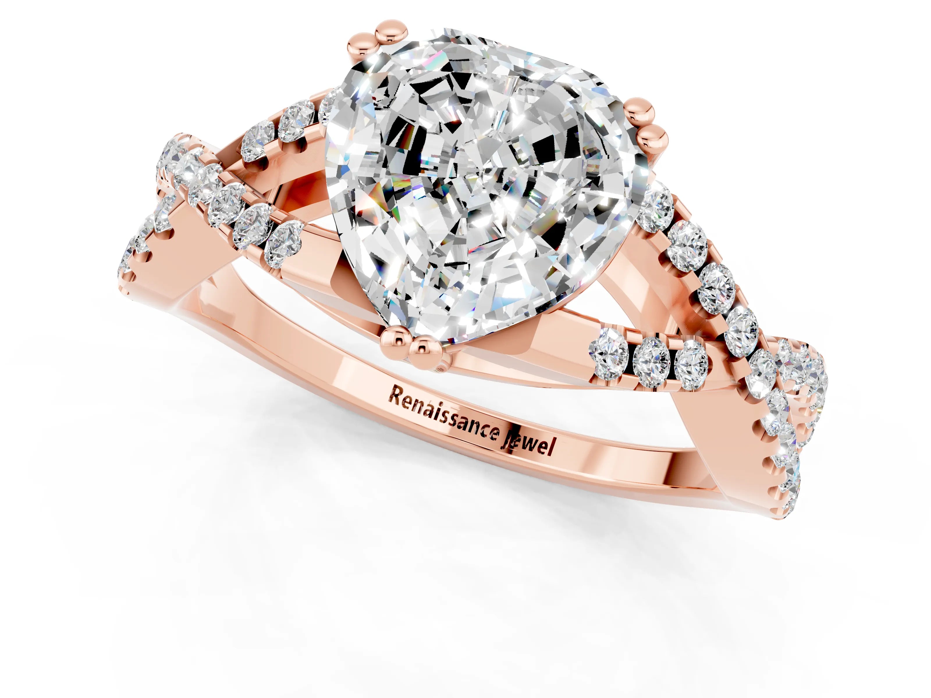 Rose gold Heart Cut Moissanite Solitaire Ring with Four-Prong Setting and Twisted Pavé Band_1