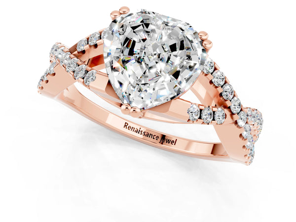 Rose gold Heart Cut Moissanite Solitaire Ring with Four-Prong Setting and Twisted Pavé Band