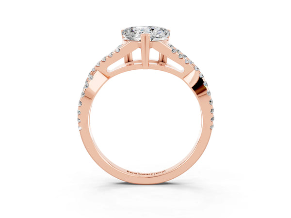 Rose gold Heart Cut Moissanite Solitaire Ring with Four-Prong Setting and Twisted Pavé Band