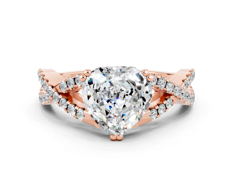 Rose gold Heart Cut Moissanite Solitaire Ring with Four-Prong Setting and Twisted Pavé Band