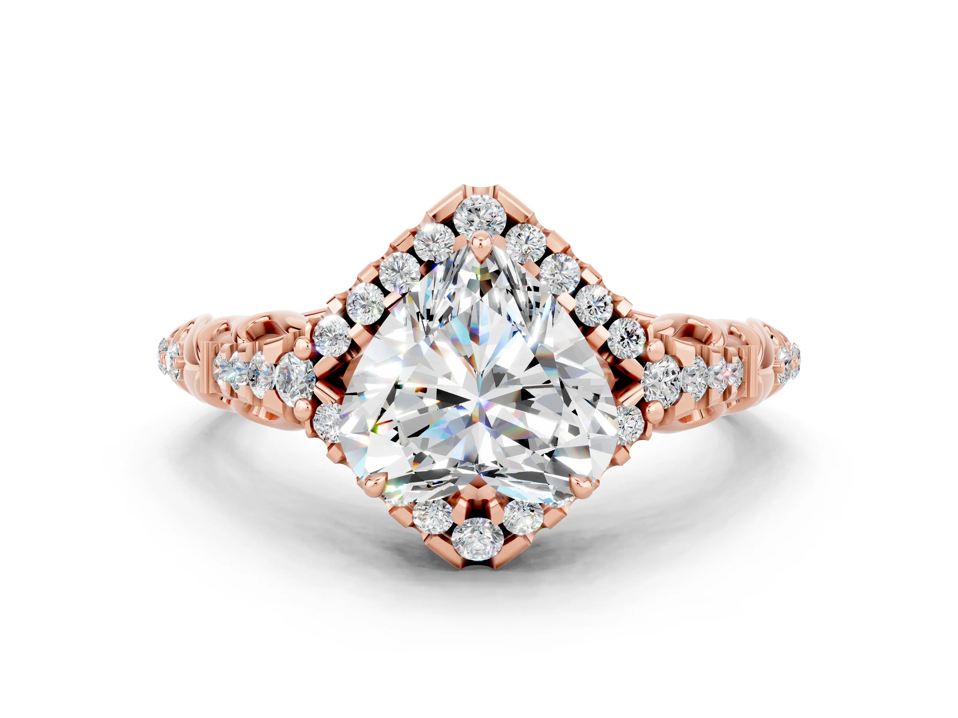 Rose gold Heart Cut Moissanite Solitaire Ring with Hidden Halo and Pavé Band_32