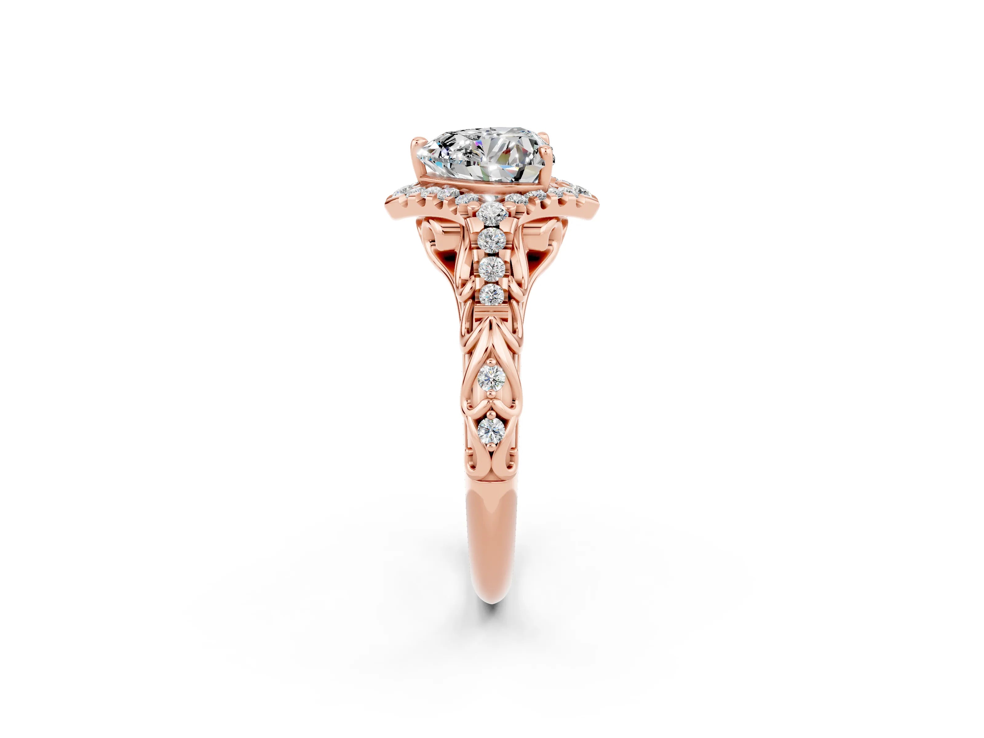 Rose gold Heart Cut Moissanite Solitaire Ring with Hidden Halo and Pavé Band_34