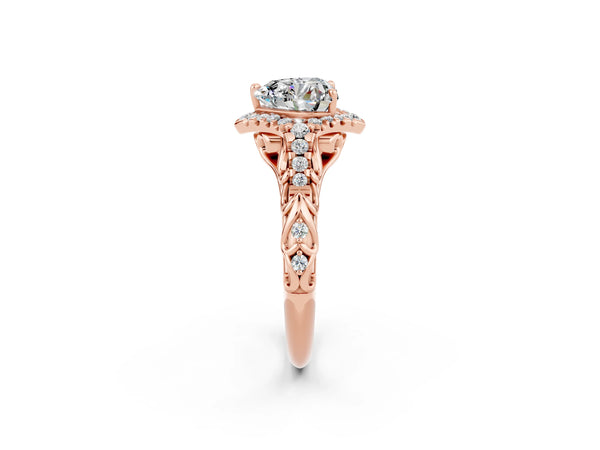 Rose gold Heart Cut Moissanite Solitaire Ring with Hidden Halo and Pavé Band