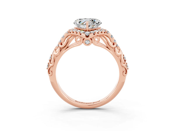 Rose gold Heart Cut Moissanite Solitaire Ring with Hidden Halo and Pavé Band
