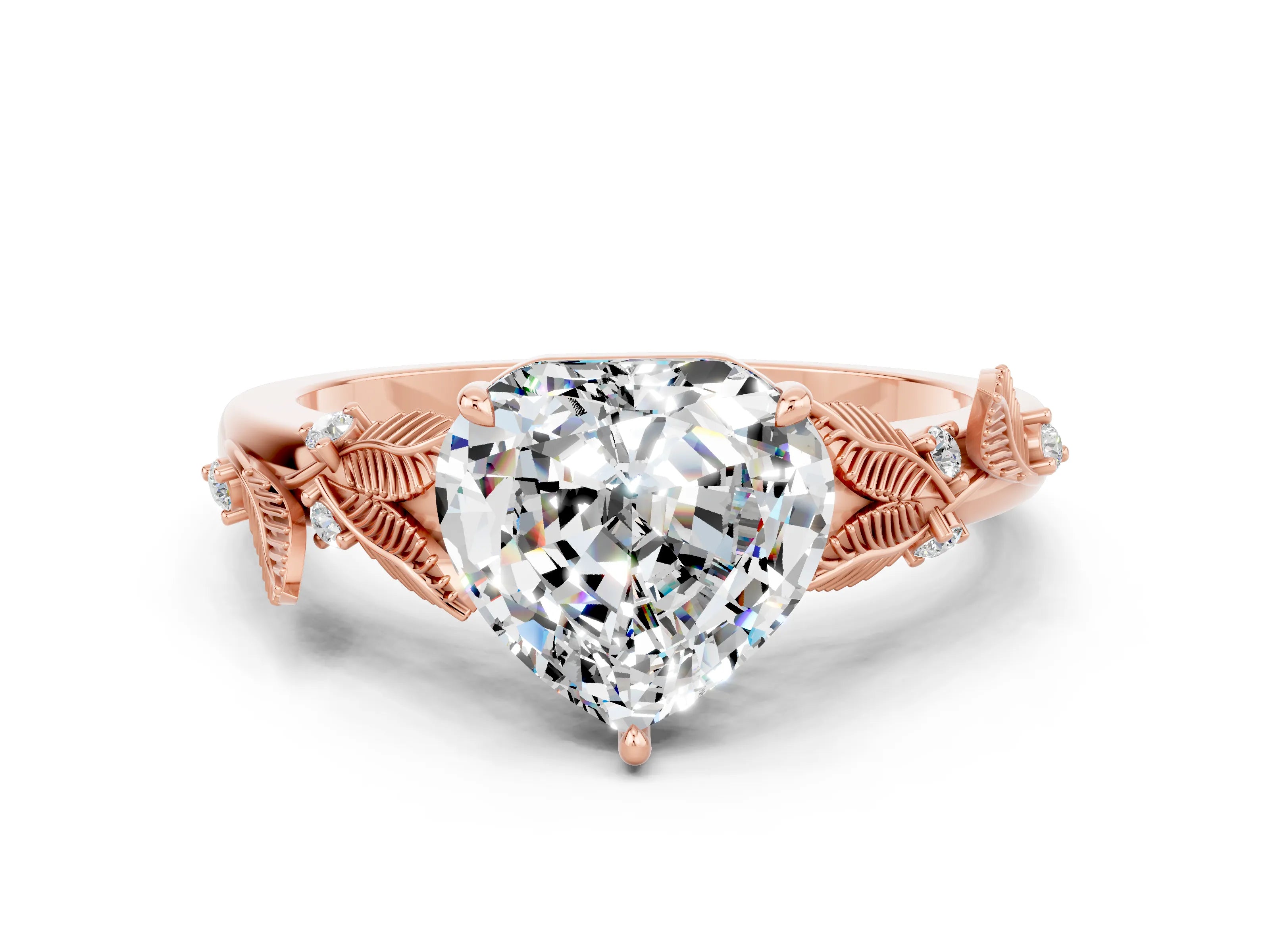 Rose gold Heart Cut Moissanite Solitaire Ring with Leaf Motif Band and Four-Prong Setting