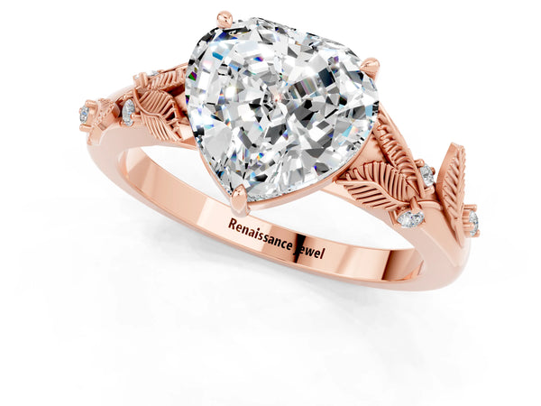 Rose gold Heart Cut Moissanite Solitaire Ring with Leaf Motif Band and Four-Prong Setting