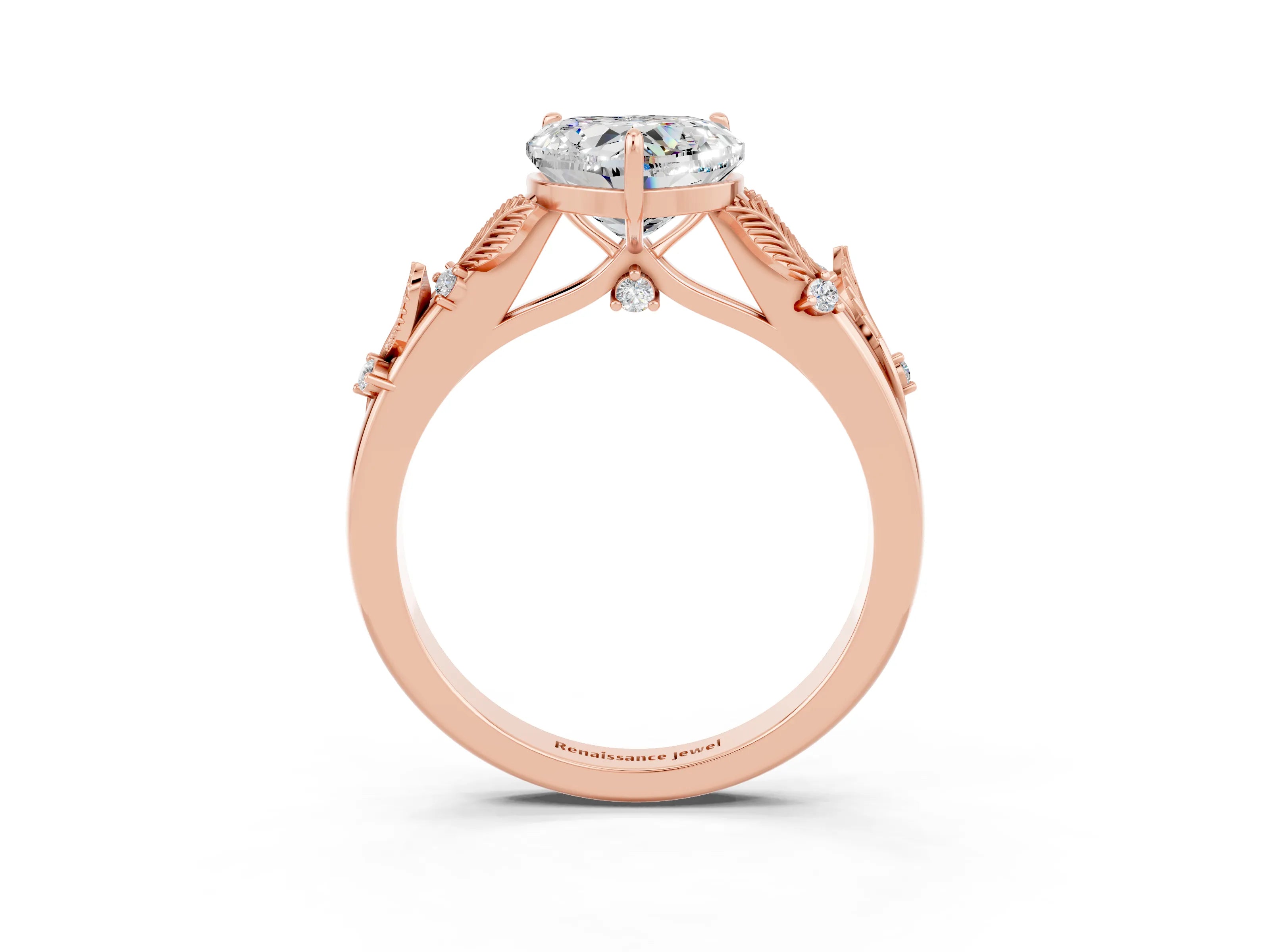 Rose gold Heart Cut Moissanite Solitaire Ring with Leaf Motif Band and Four-Prong Setting_3