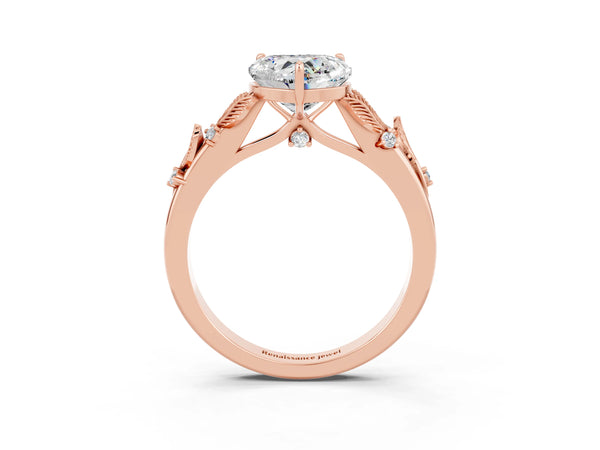 Rose gold Heart Cut Moissanite Solitaire Ring with Leaf Motif Band and Four-Prong Setting
