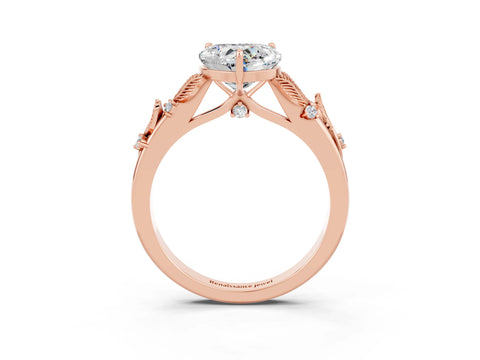 Rose gold Heart Cut Moissanite Solitaire Ring with Leaf Motif Band and Four-Prong Setting_3