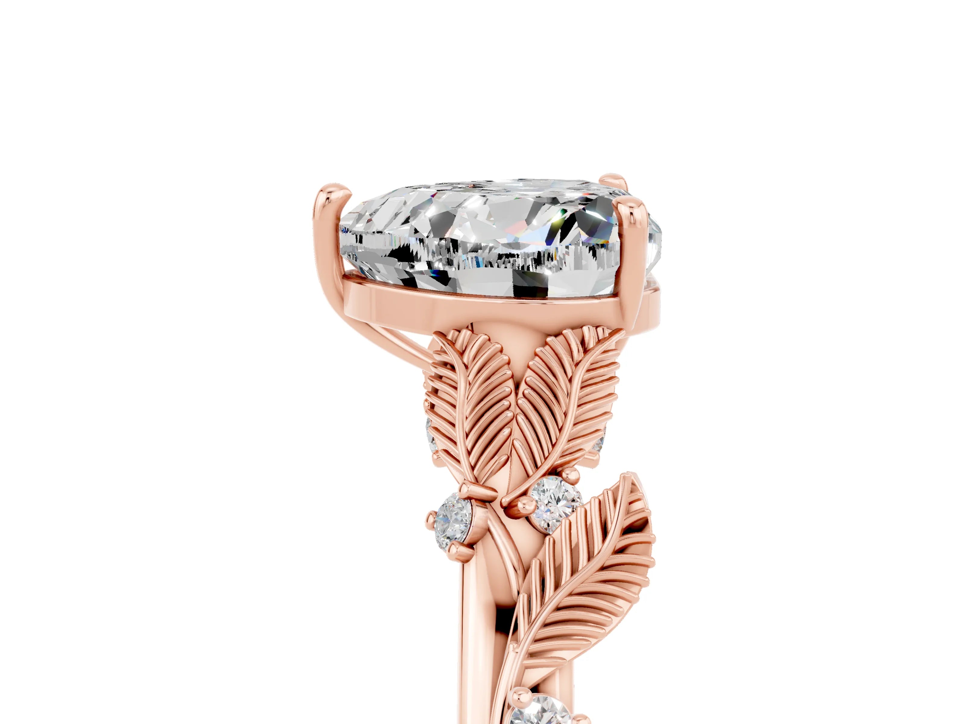 Rose gold Heart Cut Moissanite Solitaire Ring with Leaf Motif Band and Four-Prong Setting_5
