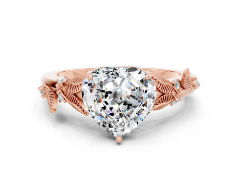 Rose gold Heart Cut Moissanite Solitaire Ring with Leaf Motif Band and Four-Prong Setting