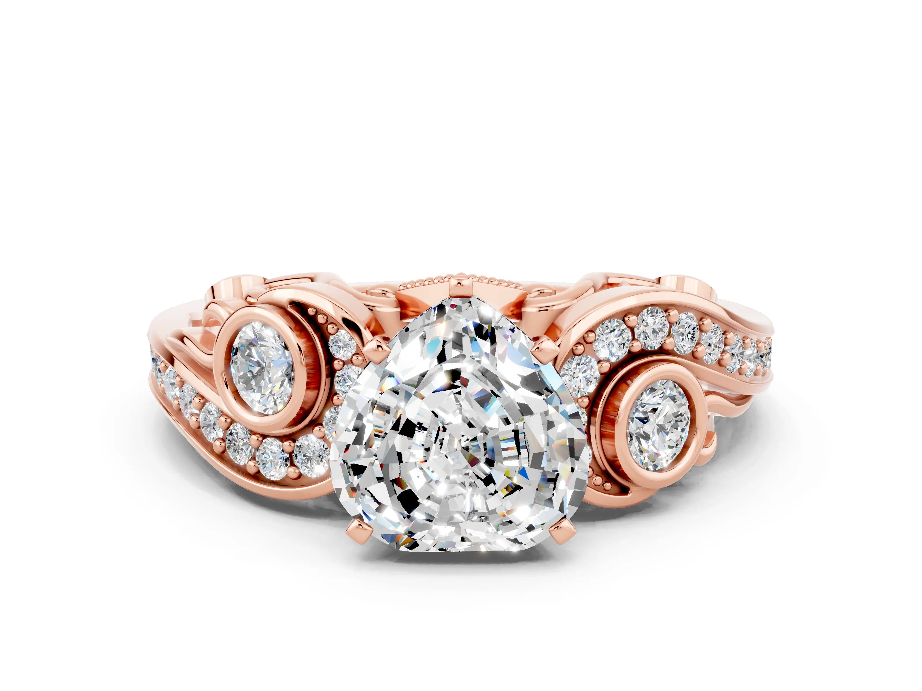 Rose gold Heart Cut Moissanite Solitaire Ring with Milgrain Pavé Band and Four-Prong Setting_24