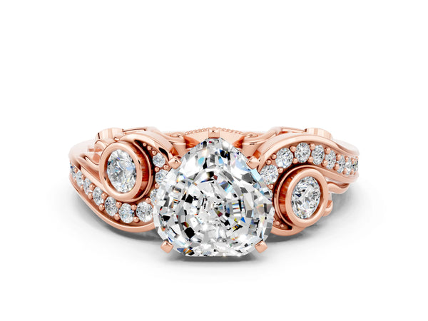 Rose gold Heart Cut Moissanite Solitaire Ring with Milgrain Pavé Band and Four-Prong Setting